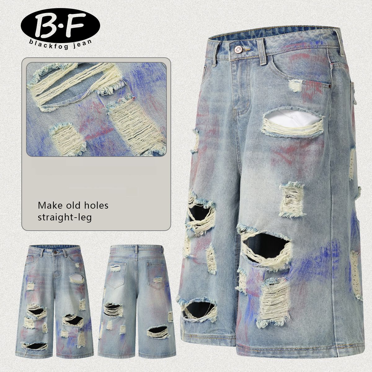 Men's Clothing Street Personality Hand Painted Paint Hole Distressed Wide Leg Jeans Washed Distressed Loose Embroidered Wide Leg Pants_viptrois.com