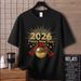 Breathable T-shirt (Eco Cotton) Black (Retro Festive Print & "2026 Happy New Year Golden Disco Ball" Accent) – Y2K Style For Festival Party_viptrois.com