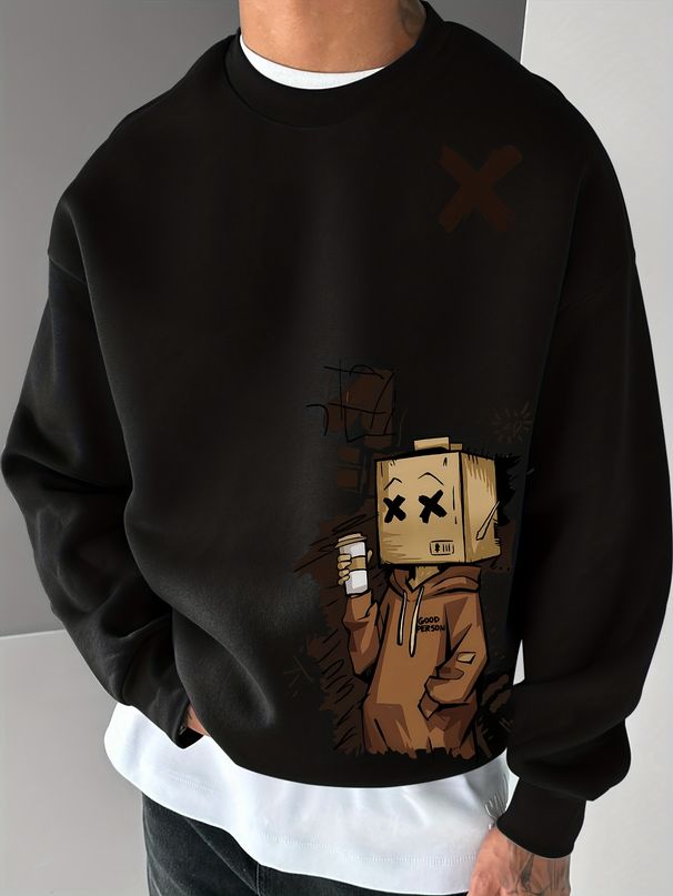 Men's Loose Casual Fashionable Fun Cardboard Printed Round Neck Long Sleeved Pullover Hoodie Suitable For Autumn And Winter Wear_viptrois.com