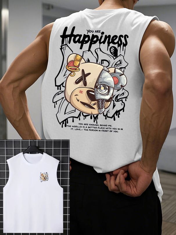 100% Pure Cotton Men's Summer Casual Sports Fitness Loose Cyber Street Style Semi Mechanical Teddy Bear Printed Breathable Round Neck Sleeveless Vest_viptrois.com