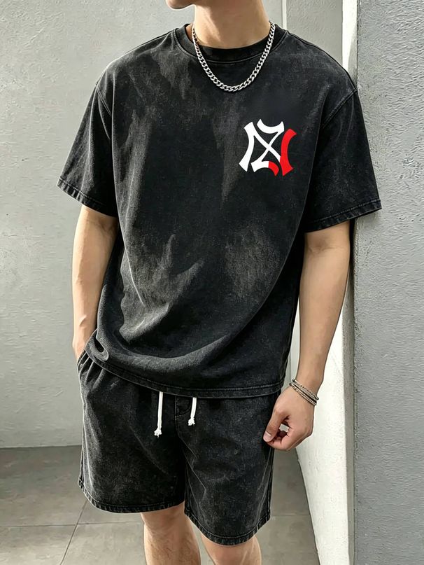 230g Vintage Washed Men Casual Tee Red Accent Abstract Letter Print Short Sleeve Loose Daily Street Tshirt_viptrois.com