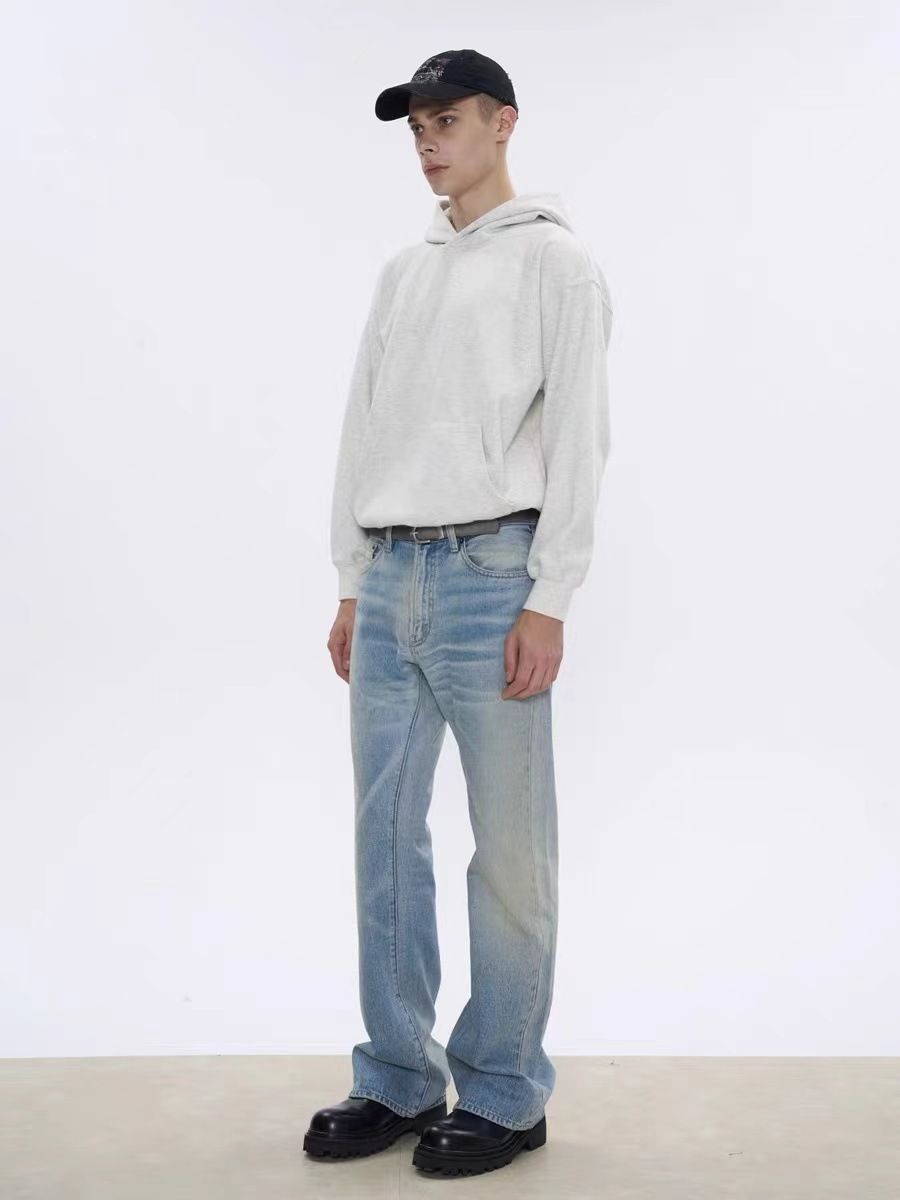 Men's Clothing Jeans Washed Flared Slim Straight Washed Denim Trousers_viptrois.com