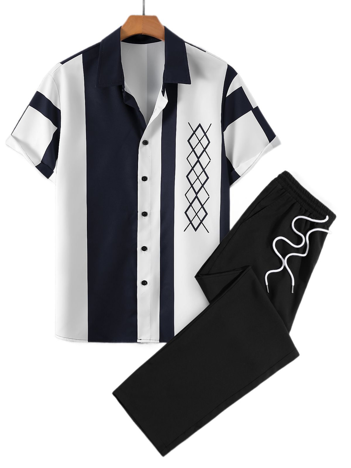 Men's Summer Patchwork Short Sleeved Shirt Set Black And White Casual Straight Leg Trousers Two-Piece Factory Wholesale_viptrois.com