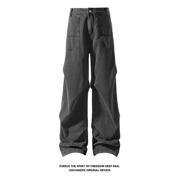 American-style Pleated Workwear Jeans For Men, Unique Design, Veatile, Loose-fitting, Retro, Slimming, Wide-leg_viptrois.com