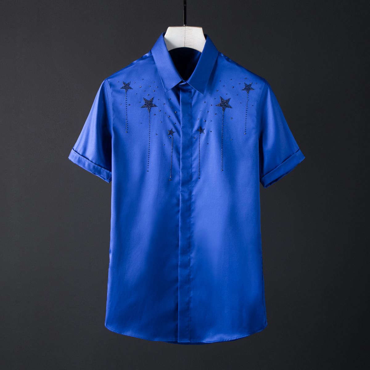 Men's Slim Fit Short Sleeve Shirt White Cotton Casual Modern Style With Imported Czech Crystal Rhinestone Star Pattern Factory Direct Sales_viptrois.com