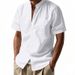 25 European And American Men's Summer Loose Linen Cardigan Solid Color Casual Stand-up Collar Beach Short-sleeved Shirt_viptrois.com