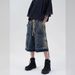 Men's Clothing Retro Raw Edge Wide Leg Drawstring Washed Denim Shorts For Boys Summer Trendy All Match Straight Five Point Pants_viptrois.com