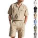 Men's Solid Color Short Sleeve Two Piece Set Casual Workwear Sports Loose Fit Cotton Polyester Linen Blend For Summer - Black Gray Khaki_viptrois.com