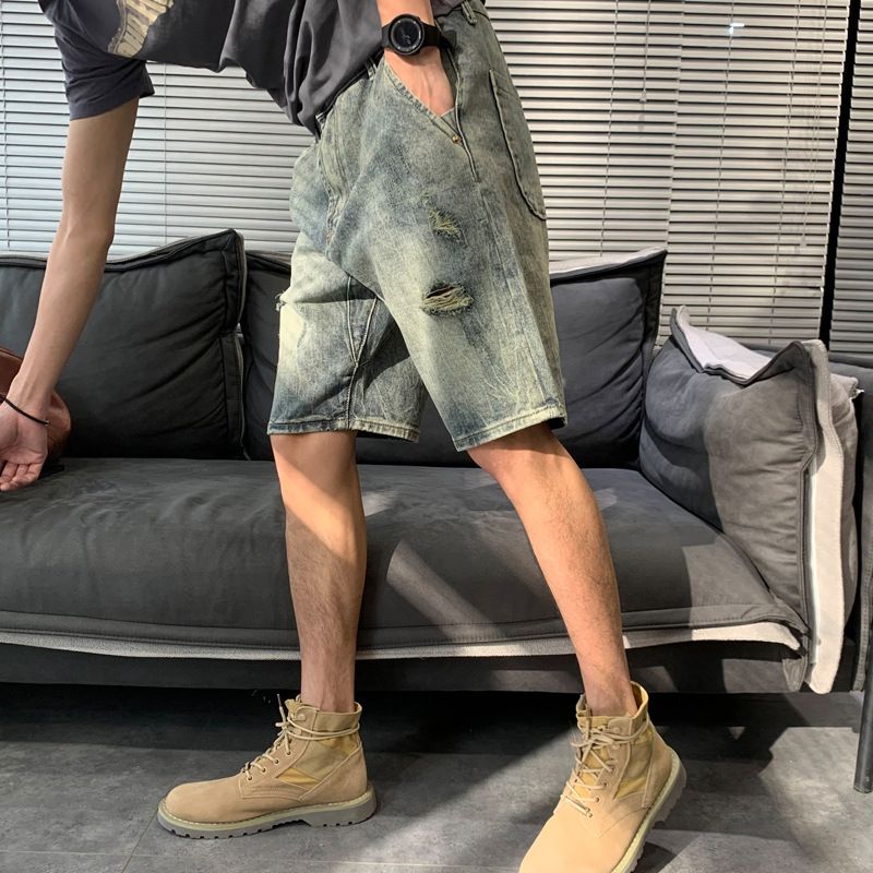 Men's Ripped Denim Shorts Summer Style Thin Loose Fit American High Street Trendy Cool Five Point_viptrois.com