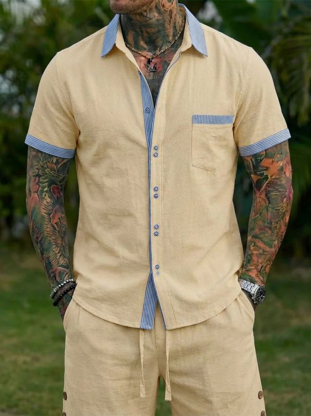 Men's Short Sleeved Stand Collar Patchwork Shirt Solid Color Cotton Linen Beach Casual Sports Summer Set_viptrois.com