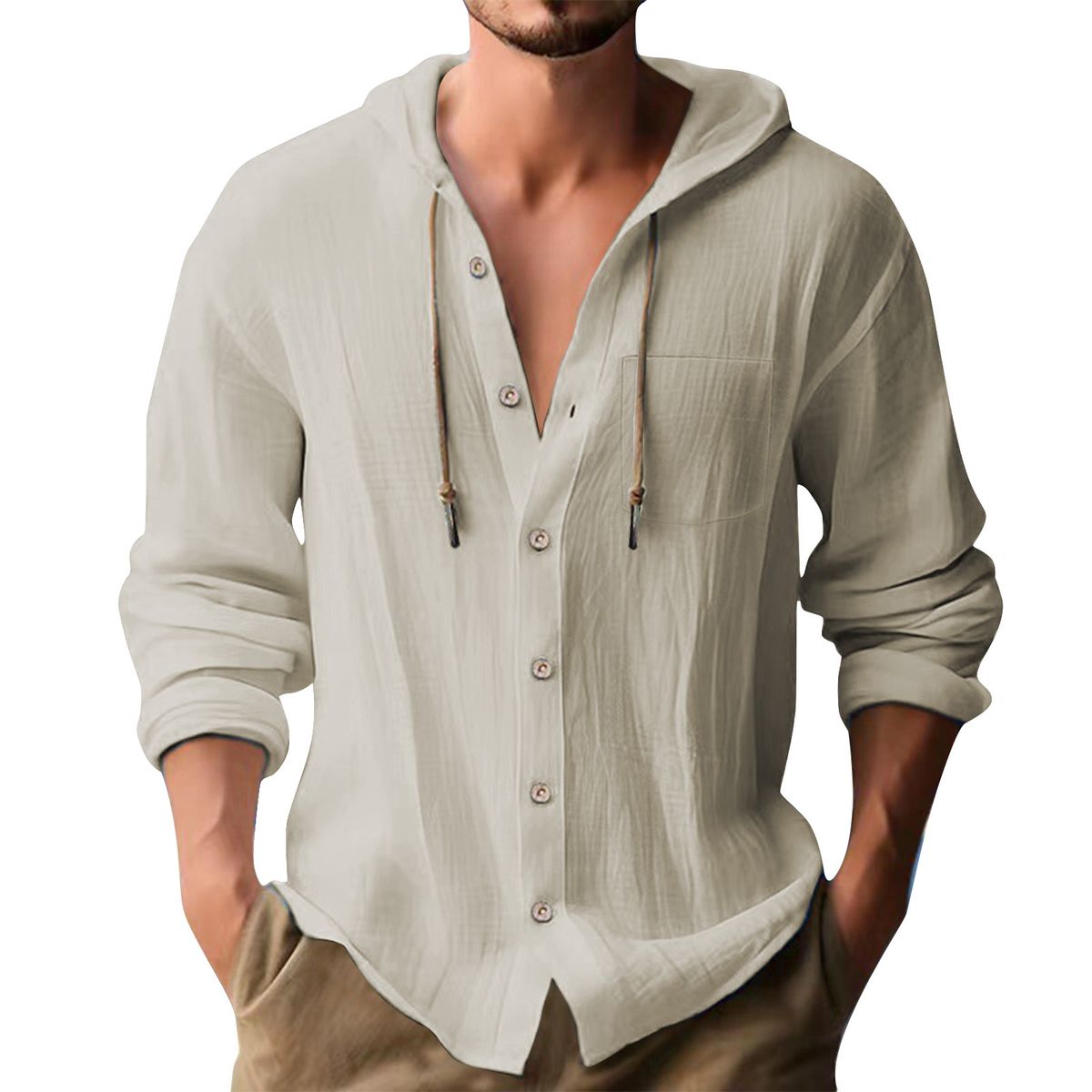 Men's Hooded Long Sleeve Shirt - Cotton Linen Blend For Casual & Sporty Style Casual Shirts_viptrois.com