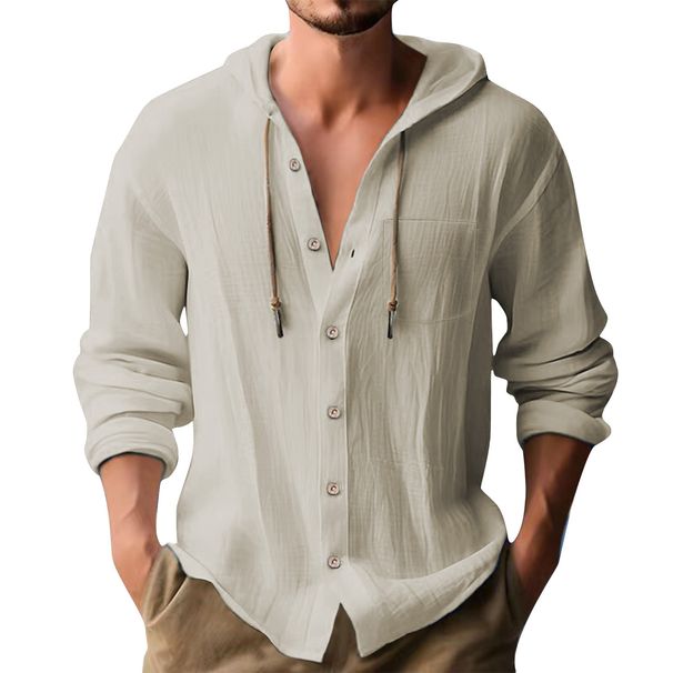 Men's Hooded Long Sleeve Shirt - Cotton Linen Blend For Casual & Sporty Style Casual Shirts_viptrois.com