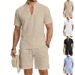 Men's Linen Blend Short Sleeve Henley And Shorts Set - Breathable Workwear Style Summer Outfit, Relaxed Fit Casual Two-Piece_viptrois.com