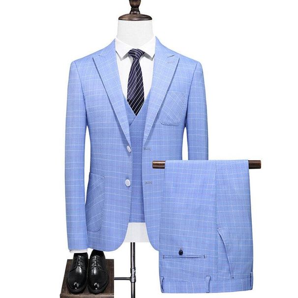 Men's Casual Business Gentleman Checkered Professional Suit, Groom And Best Man Wedding Banquet Three-piece Suit + Waistcoat + Long Pants_viptrois.com
