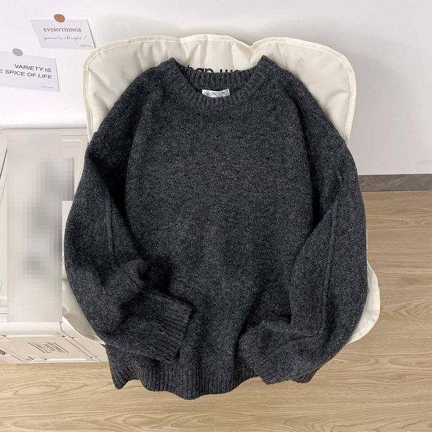 Men's Clothing Autumn/Winter Thick Crew Neck Sweater Thickened Round Neck Sweater - Oversized Retro Knit Pullover With Premium Cozy Feel (Grey/Brown)_viptrois.com