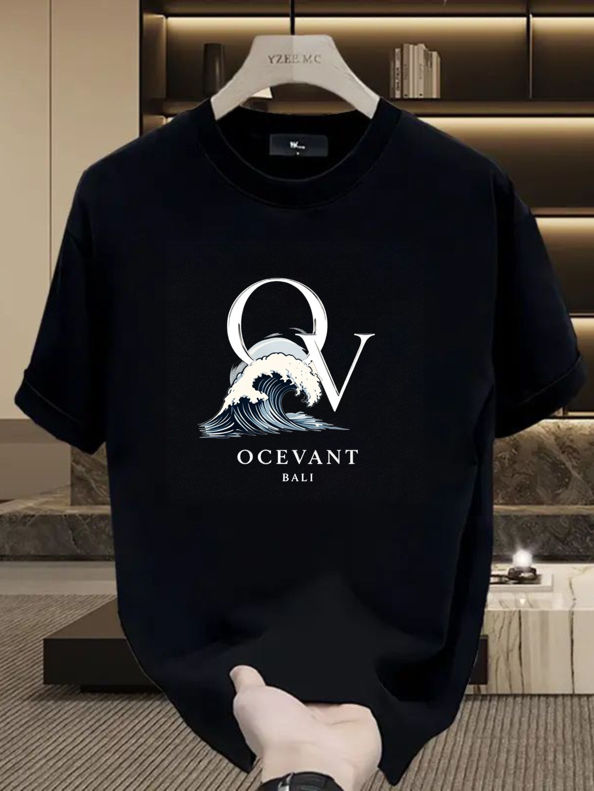Men's 100% Cotton OV Ocean Wave Print Tee, OCEVANT BALI Light Luxury Casual Round Neck Tropical Vintage Short Sleeve T-shirt_viptrois.com
