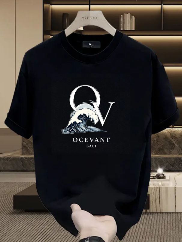Men's 100% Cotton OV Ocean Wave Print Tee, OCEVANT BALI Light Luxury Casual Round Neck Tropical Vintage Short Sleeve T-shirt_viptrois.com