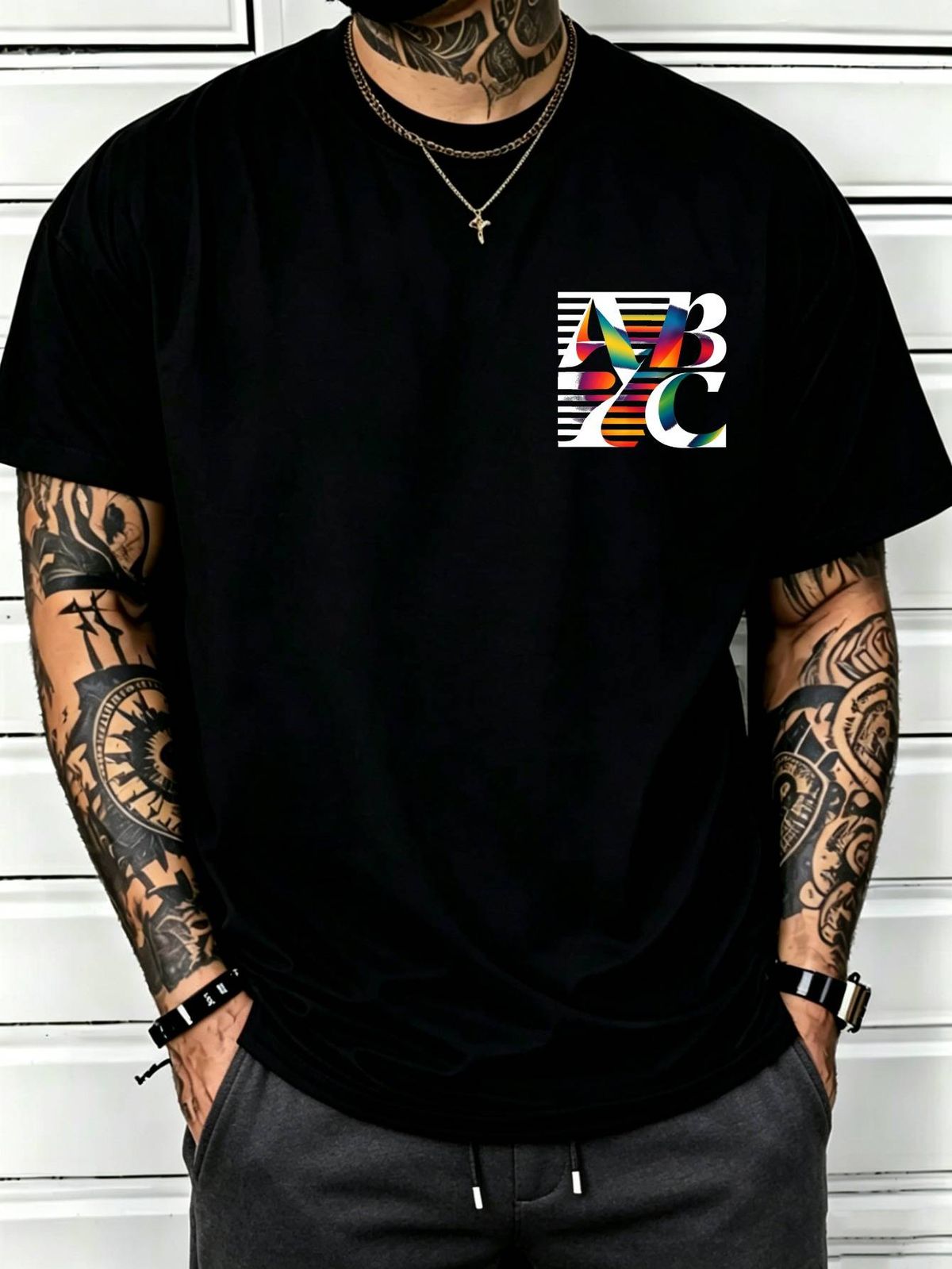 100% Cotton Men Oversized T-shirt Rainbow Gradient ABC Monogram With Stripes Print Crew Neck Short Sleeve Streetwear Tee_viptrois.com