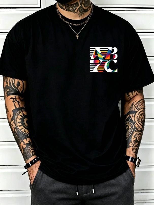 100% Cotton Men Oversized T-shirt Rainbow Gradient ABC Monogram With Stripes Print Crew Neck Short Sleeve Streetwear Tee_viptrois.com