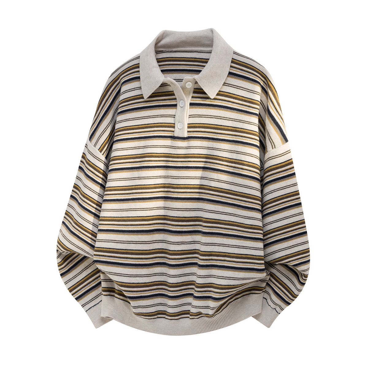Nordmann Japanese Retro Color-Block Striped Turn-Down Collar Sweater For Men, Autumn Couple Loose Two-Piece Long Sleeve Polo_viptrois.com