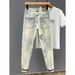 American High Street Washed Denim Jeans For Men, Slim Fit, Trendy Brand, Letter Print, Colorful Paint, Distressed, Slim Fit Straight Leg Trousers._viptrois.com