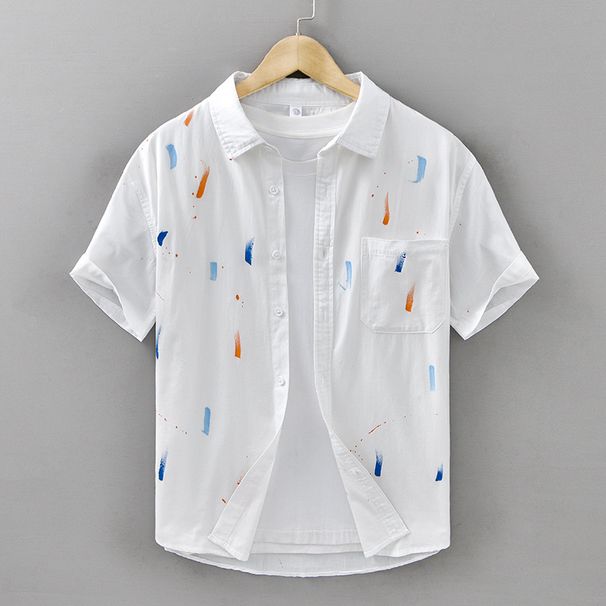 Small Fresh Color Splashed Ink Short Sleeved Shirt For Men, Pure Cotton Simple Casual Shirt, Men's Fashion Trend, Summer Loose Fit_viptrois.com