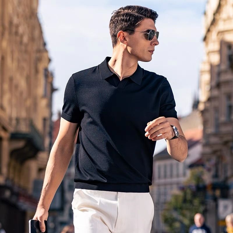 Men's Clothing Polo Shirt V Neck Short Sleeved Knitted Sweater Men's Seagull Collar Summer Ice Silk_viptrois.com