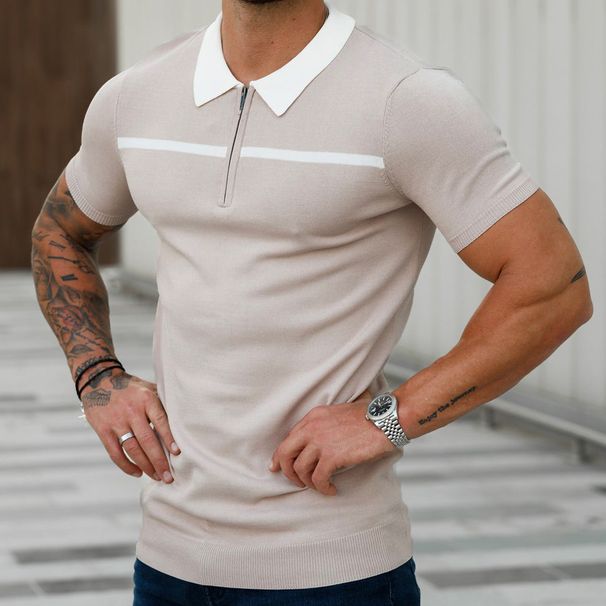 Men's Clothing New Men's Slim Color Matching Stand Up Collar Men's Casual Vertical Striped Short Sleeved Youth Men's Clothing Tops_viptrois.com