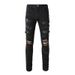 Men's Clothing Washed Cat Whisker Wrinkled Hole Snake Black Elastic Slim Fit Skinny Jeans Jeans_viptrois.com