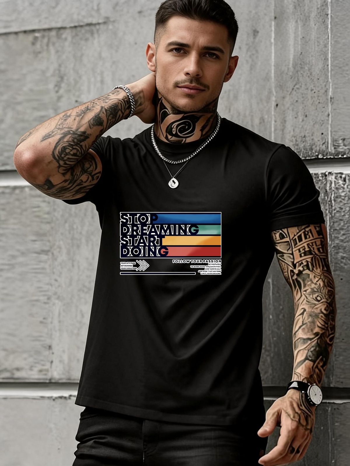 Streetwear Style T Shirt With Stop Dreaming Start Doing Graphic Print Cotton Blend Fabric For Men Urban Fashion Look_viptrois.com