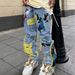 Men's Clothing High Street Brushed Embroidered Jeans Men's Hiphop Street Straight Loose Floor Mopping Trousers_viptrois.com