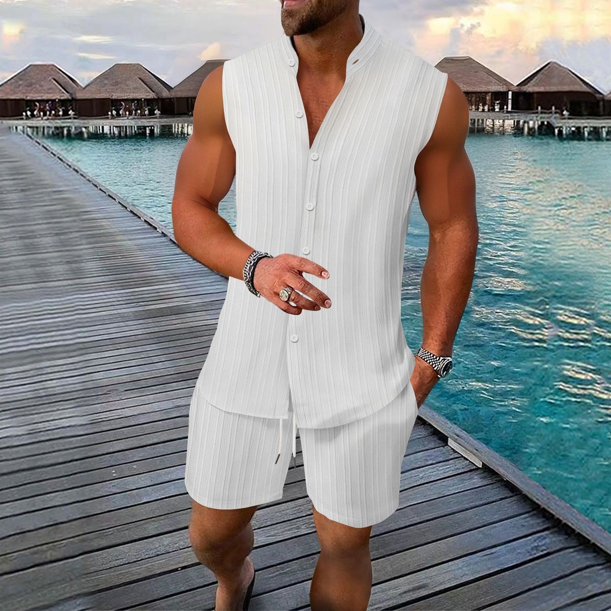 Men's Summer Sleeveless Vest & Shorts Set – Breathable Polyester Casual Outfit (Light Blue/White/Black/Apricot, S-XXL, Loose Fit, Unisex Style)_viptrois.com