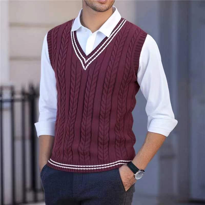 "Men's Cable-Knit V-Neck Vest – Prestige Wool Blend For Academic & Urban Layering (M-XXXL, 9 Colors)"_viptrois.com