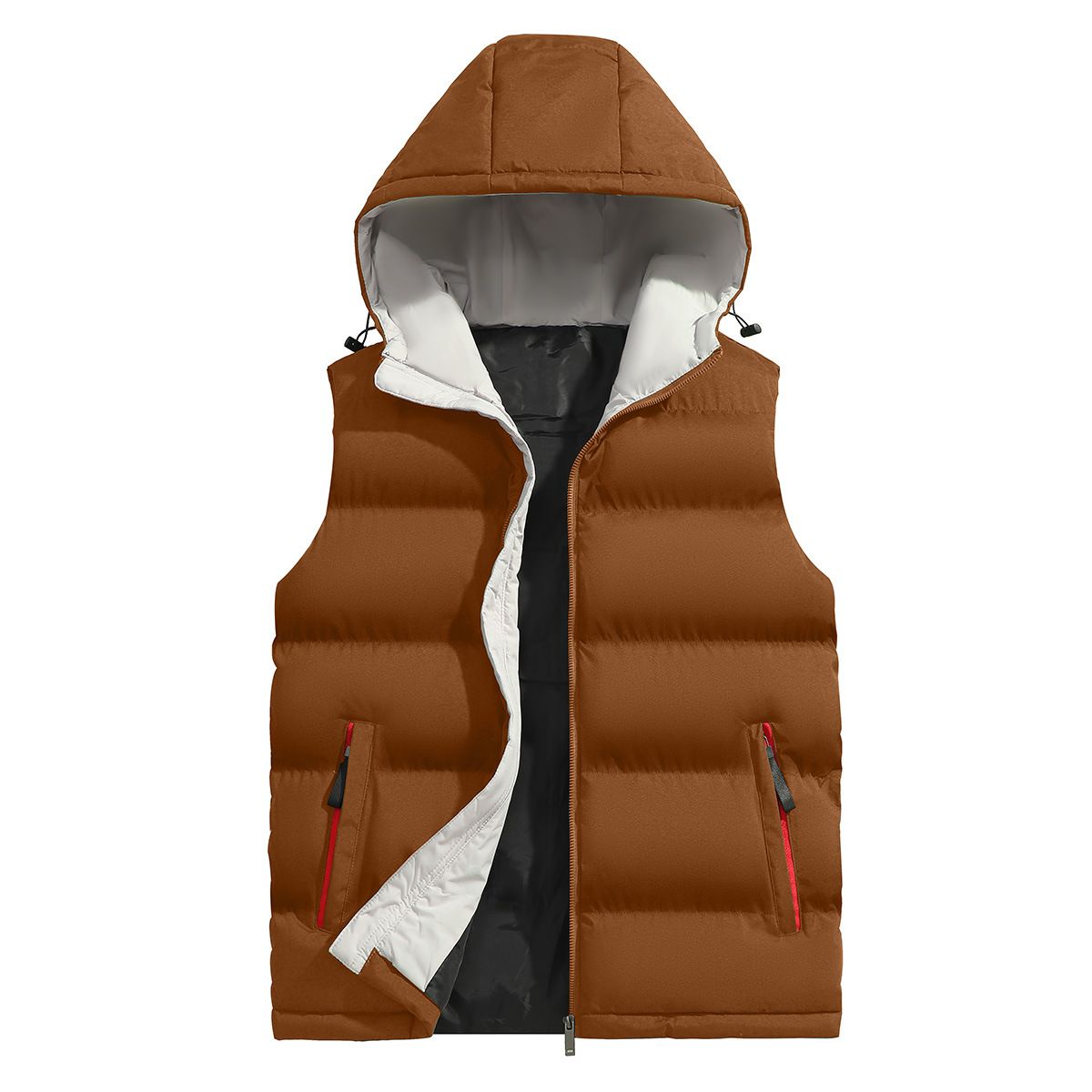 Men's Hooded Vest Jacket For Autumn Winter, Casual Sleeveless Zip-Up Waistcoat, Lightweight Sports Outerwear Side Pockets Polyester Blend (Black_viptrois.com