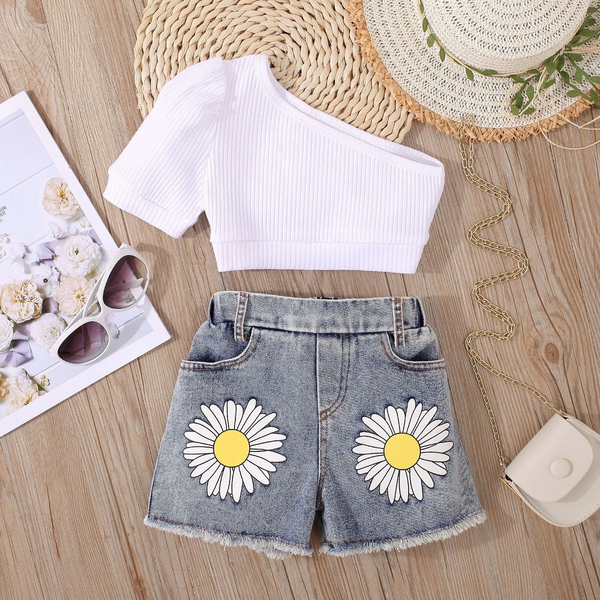 Baby Clothing Kids and girls pit strip solid color short-sleeved top printed denim open-pocket shorts_viptrois.com