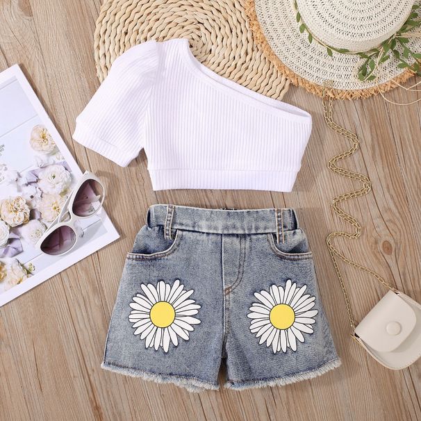 Baby Clothing Kids and girls pit strip solid color short-sleeved top printed denim open-pocket shorts_viptrois.com