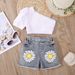 Baby Clothing Kids and girls pit strip solid color short-sleeved top printed denim open-pocket shorts_viptrois.com