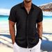 Men's Cotton Linen Striped Jacquard Casual Loose Short Sleeved Shirt Wave Pattern Bestseller_viptrois.com