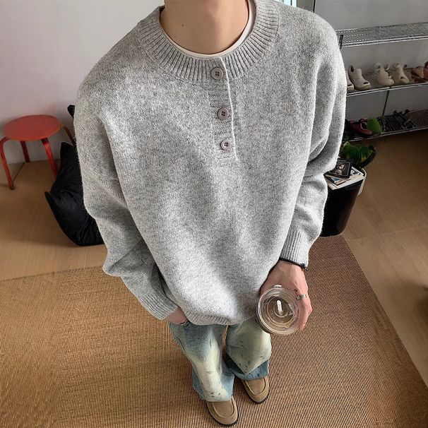 Gray American Style Henley Collar Sweater For Men, Autumn And Winter, Lazy Style, High-End Knitted Sweater, Cleanfit_viptrois.com