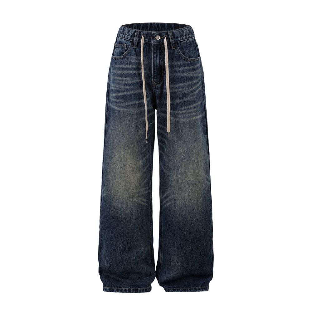 American Style Vintage Washed Denim Men's Loose Wide-Leg Drawstring Tie Casual Straight Pants Trendy_viptrois.com
