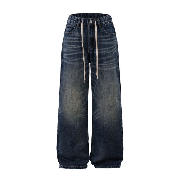American Style Vintage Washed Denim Men's Loose Wide-Leg Drawstring Tie Casual Straight Pants Trendy_viptrois.com