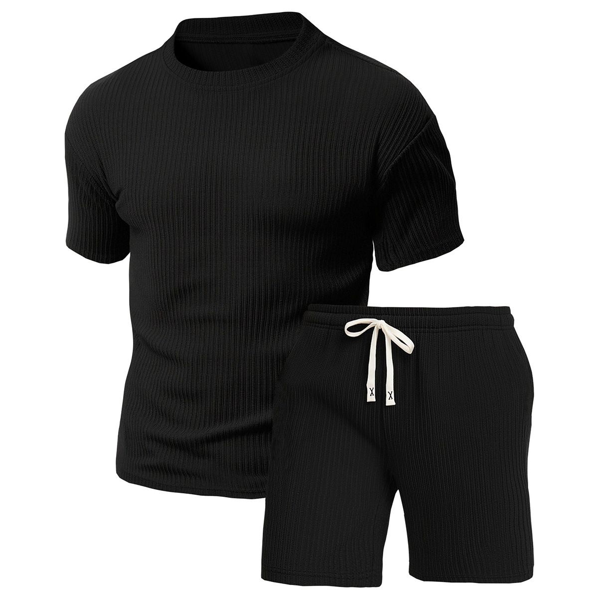Men's Knitted Jacquard Sportswear Set - Summer Short Sleeve Top & Five-Point Shorts, Breathable & Comfortable, Casual Outfit_viptrois.com