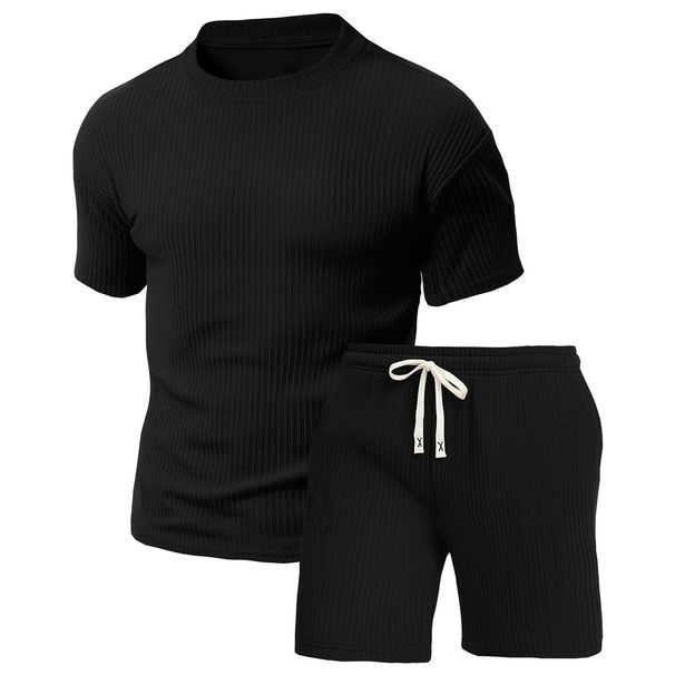 Men's Knitted Jacquard Sportswear Set - Summer Short Sleeve Top & Five-Point Shorts, Breathable & Comfortable, Casual Outfit_viptrois.com
