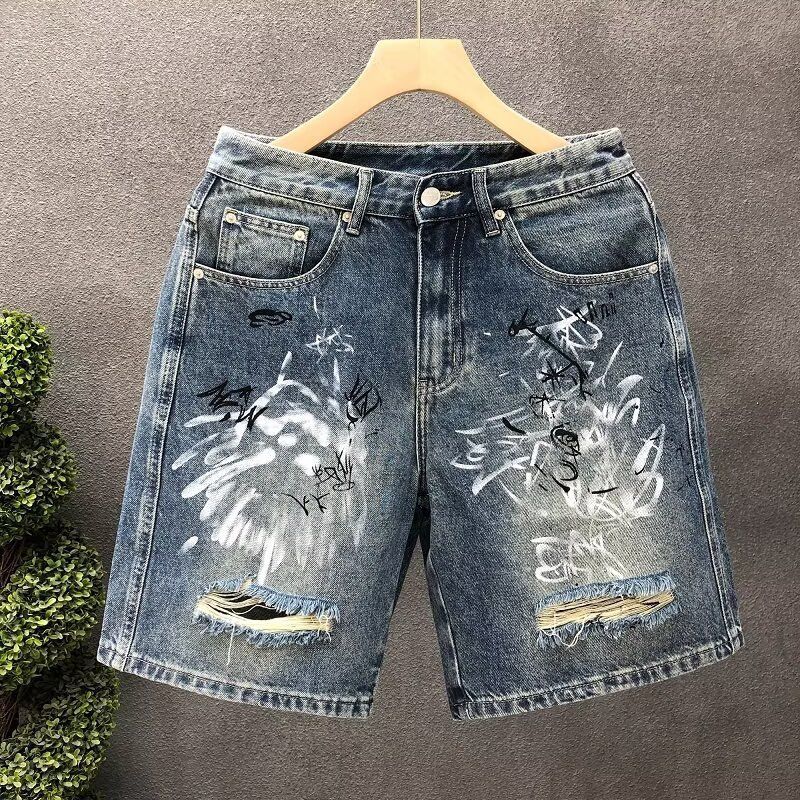 Men's Clothing Painted Graffiti Denim Shorts Men's Heavyweight Trend Handsome Scratched Hole Washed Shorts Men_viptrois.com