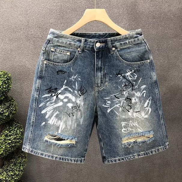 Men's Clothing Painted Graffiti Denim Shorts Men's Heavyweight Trend Handsome Scratched Hole Washed Shorts Men_viptrois.com