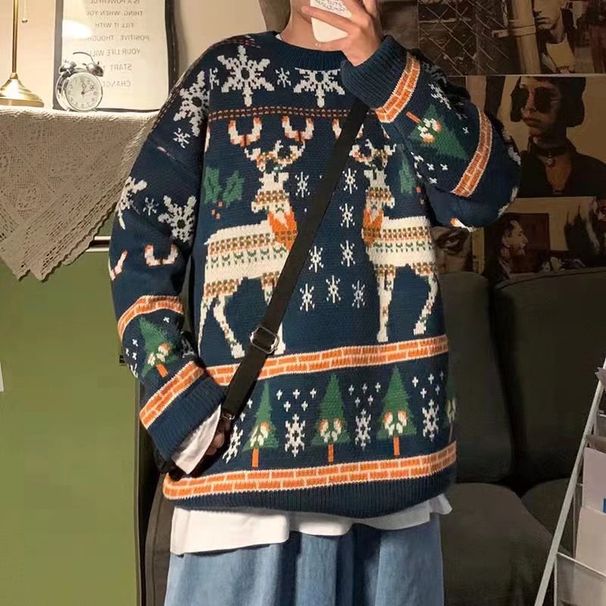Autumn And Winter Men's Trendy Knitted Sweater Loose Christmas Double Deer Round Neck Lazy Style Coat_viptrois.com