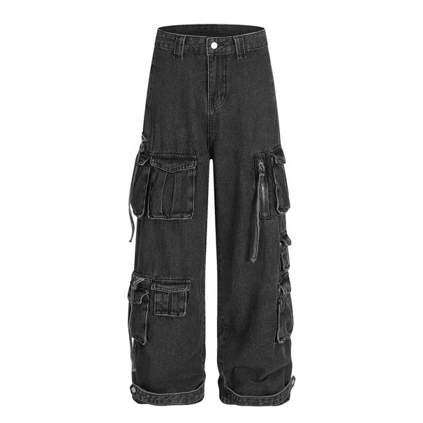 American High Street Multi-Pocket Denim Cargo Men's Niche Design Washed Personality Loose Wide-Leg Straight Pants_viptrois.com