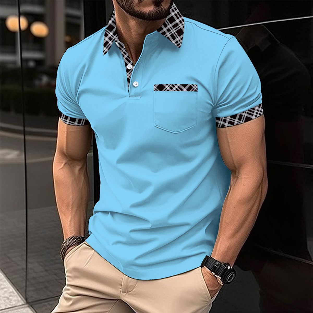 2025 Summer New Men's Fashion Slim And Comfortable Shirt Chest Pocket Lapel Button Business Color Match Casual Breathable T-shirt_viptrois.com