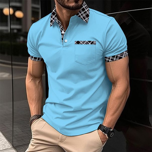 2025 Summer New Men's Fashion Slim And Comfortable Shirt Chest Pocket Lapel Button Business Color Match Casual Breathable T-shirt_viptrois.com