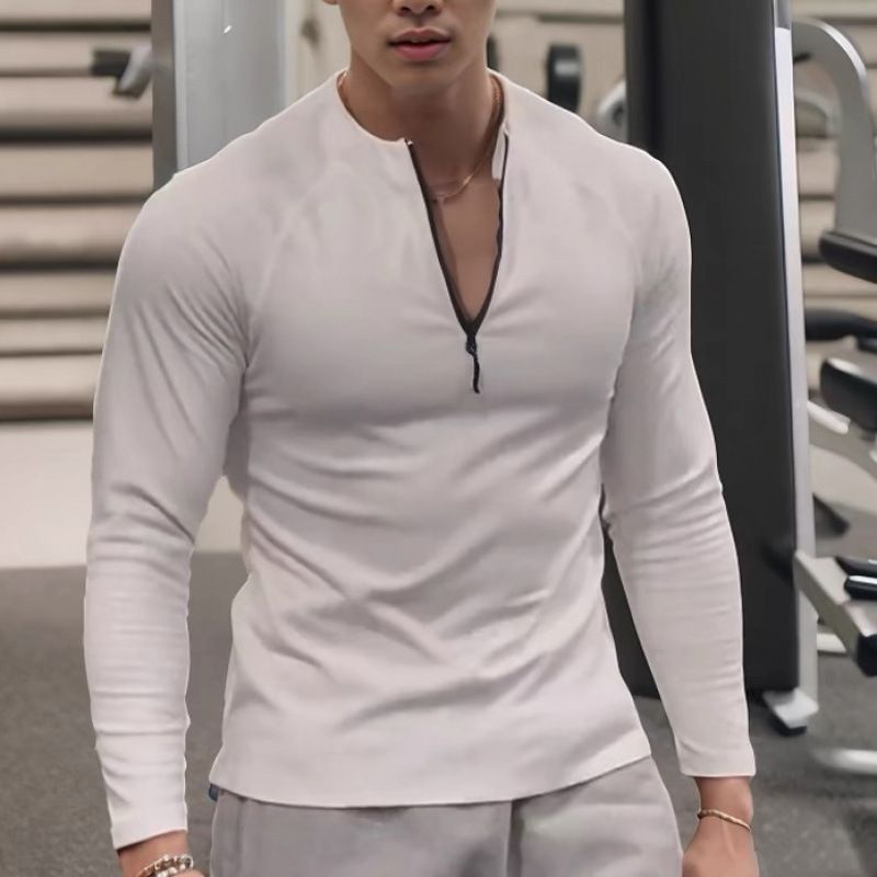 Autumn Winter American Style Slim Fit Thermal Base Layer T-Shirt Warm Top Fitness Sports Men Half-Zip Round Neck Long_viptrois.com